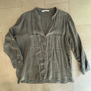 Zara 100% Linen Olive Green Shirt Blouse-Size XXL